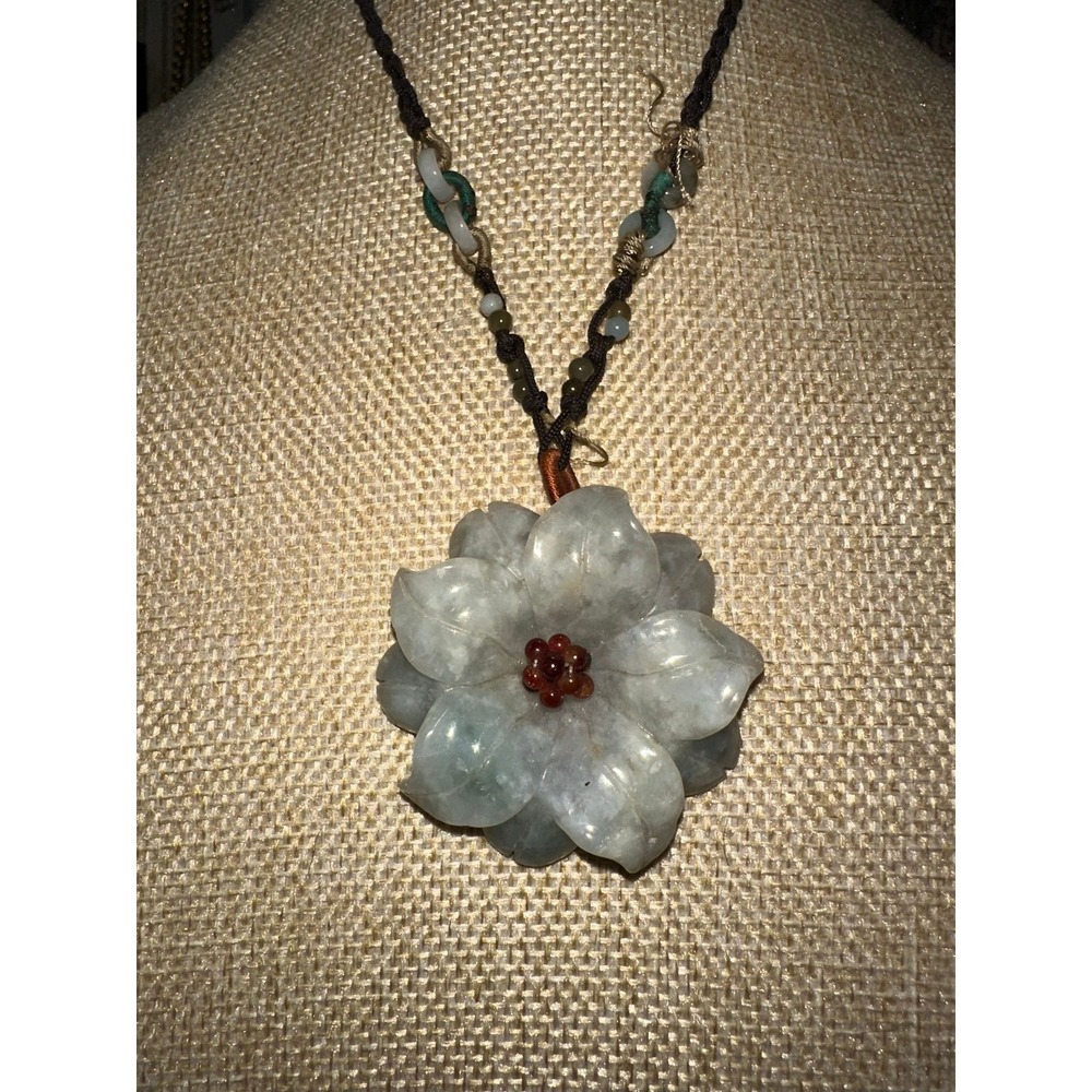 Hand-Carved Jade Flower Pendant Necklace - Large Statement Piece